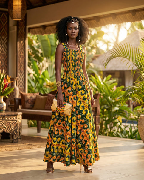 Adina smocked fit and flare maxi dress.