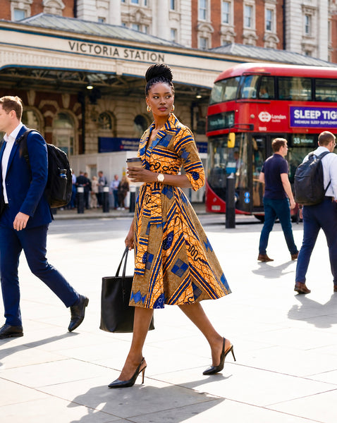 Kayla 50’s shirt style dress in a bold contemporary geometric African print.