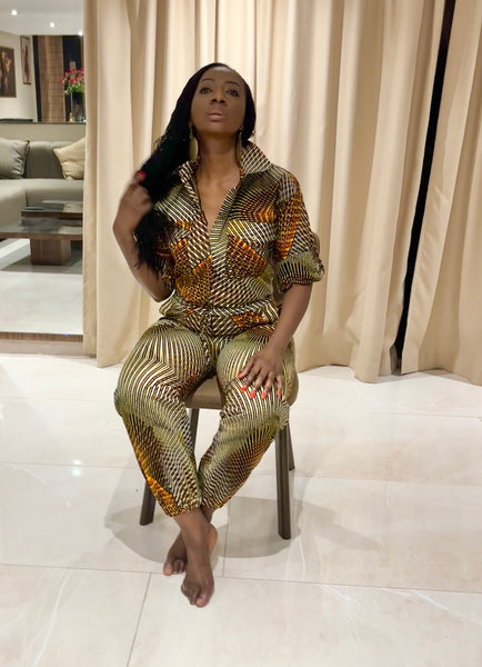 Razi jumpsuit in a geometric contemporary African print.