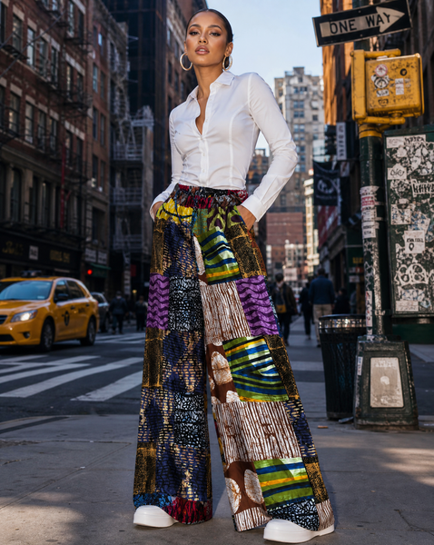 New. Ndini Wide leg one of a kind patchwork African print trousers