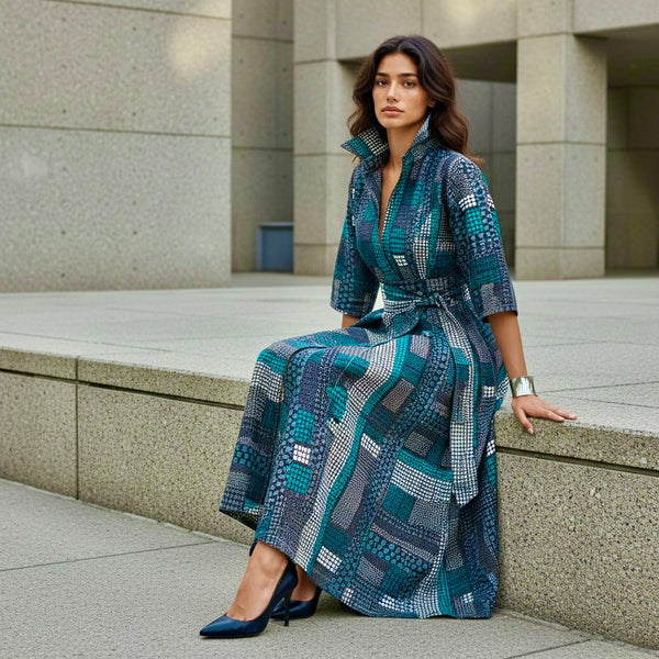 Tahama belted maxi shirt dress in a geometric print.
