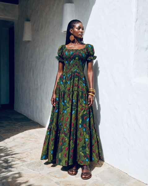 Tande Peasant bohemian maxi dress in forest green.