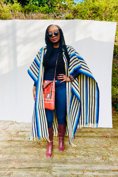 Yelawa handwoven unisex kimono in blue and beige stripes.