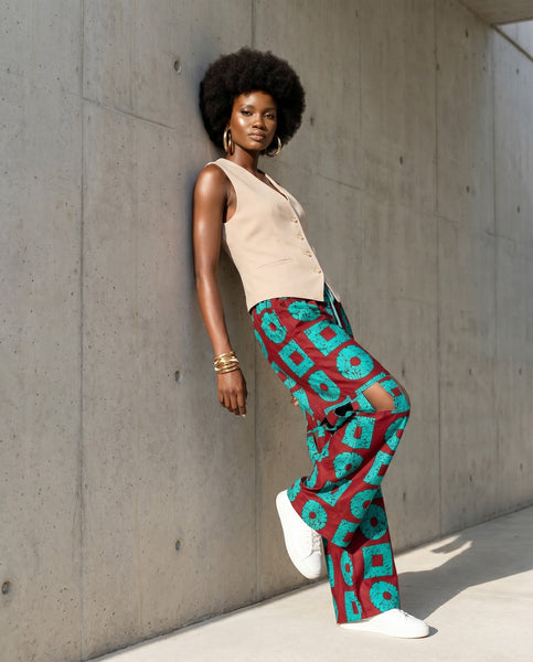 African print statement pants in a geometric print with cut outs.