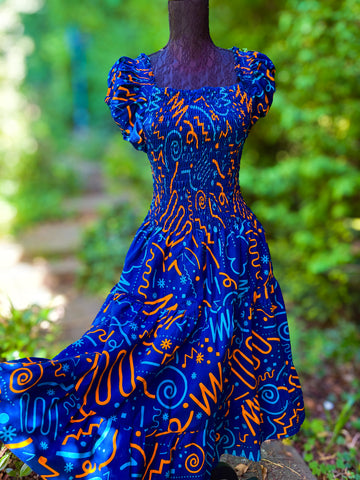 Smocked Ankara dress in blue.