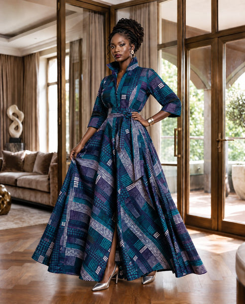 Tahama belted maxi shirt dress in a geometric print.