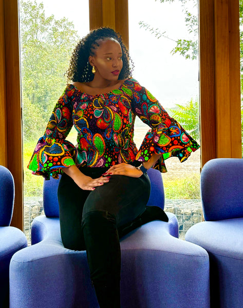 African print Smocked top in a vibrant multicoloured print.