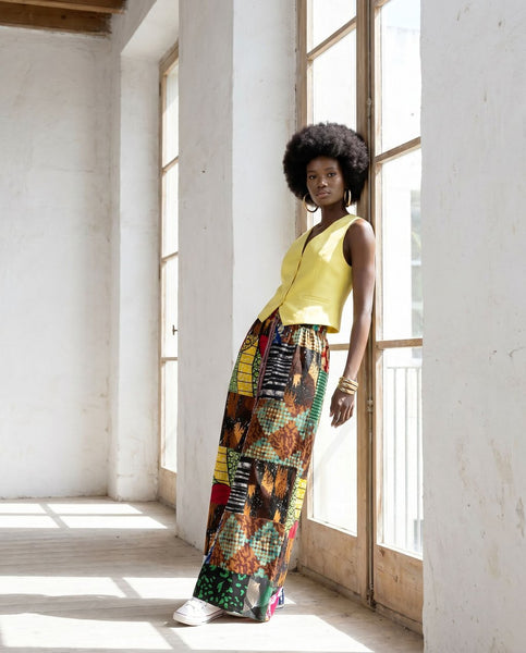 New. Ndini Wide leg one of a kind patchwork African print trousers.