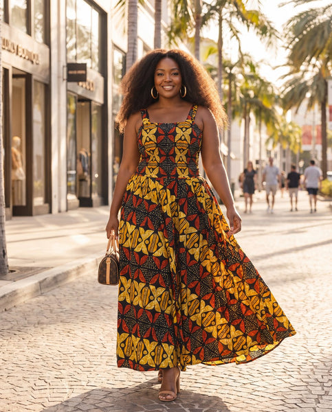 Fit and flare maxi dress in a vibrant contemporary African print.