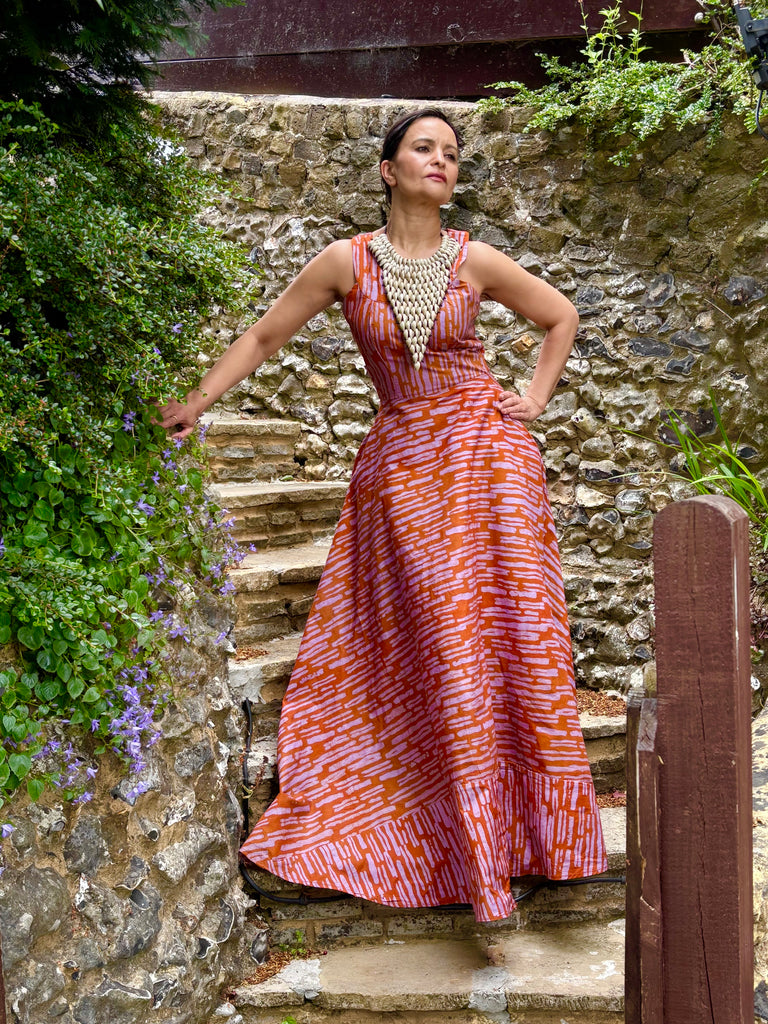 tie dye fit and flare dress Orange Green Tie-Dye Cotton Knee Length Fit and Flare Dress 48" / Tall (5'7" and above)