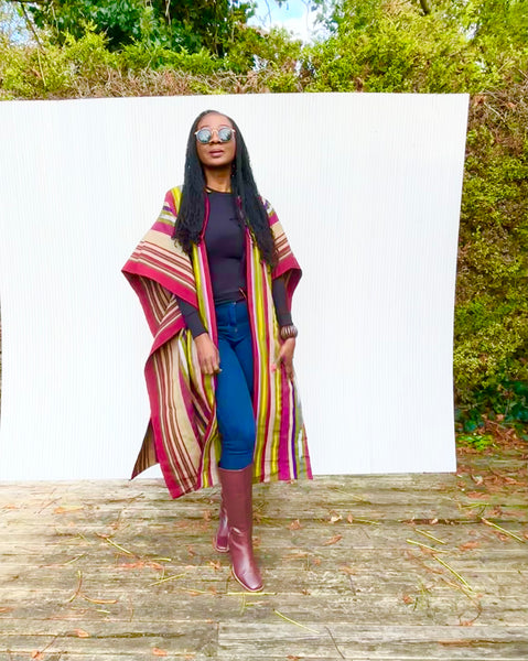 Yelawa handwoven unisex kimono in multicoloured stripes.