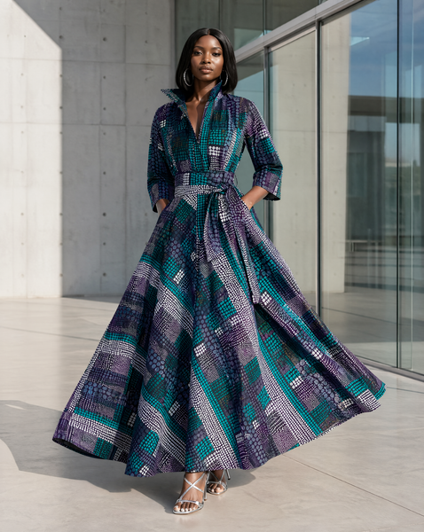 Tahama belted maxi shirt dress in a geometric print.