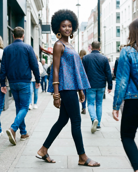 African print loose swing summer top in blue.