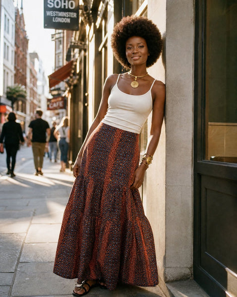 Fit and flare mermaid inspired maxi skirt in a vintage African print.