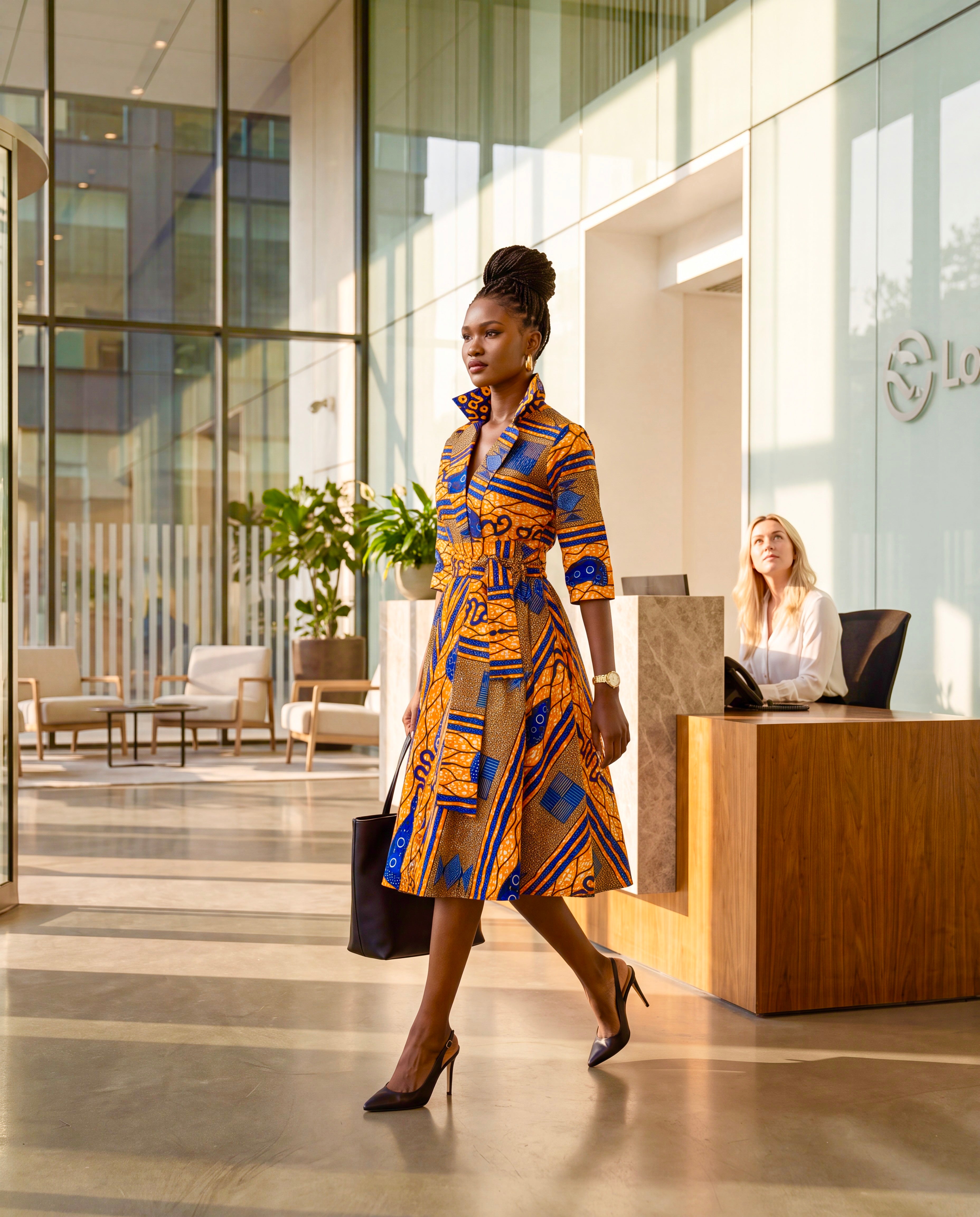 Kayla 50’s shirt style dress in a bold contemporary geometric African print.