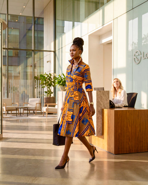 Kayla 50’s shirt style dress in a bold contemporary geometric African print.