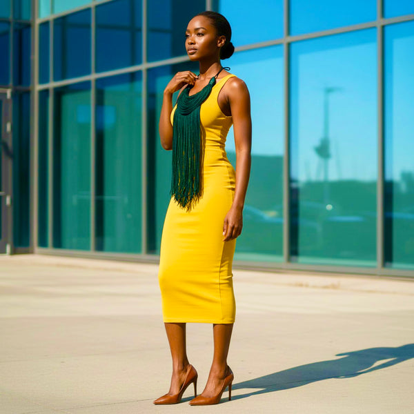 Dark green statement leather necklace.