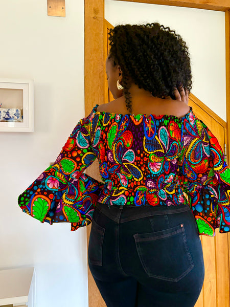 African print Smocked top in a vibrant multicoloured print.