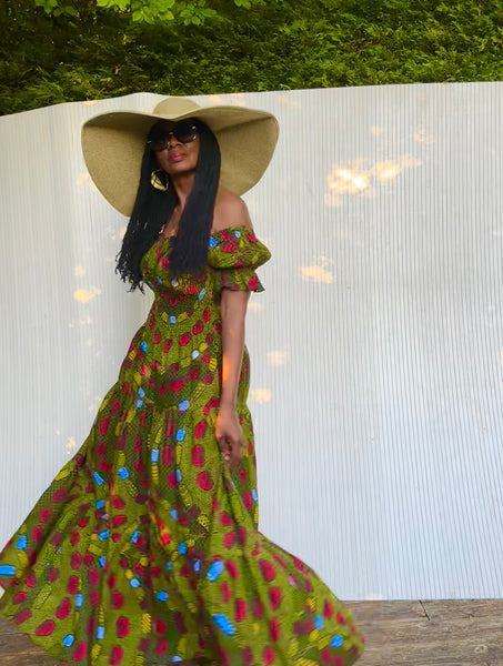 Tande Peasant bohemian maxi dress in green.