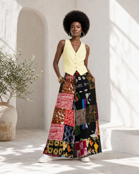 New. Ndini Wide leg one of a kind patchwork African print trousers.