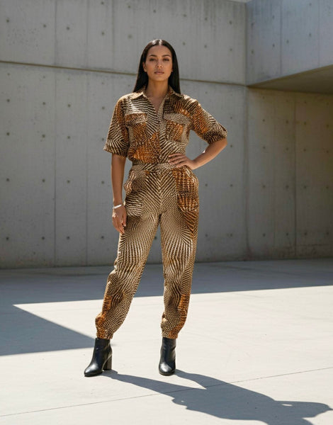Razi jumpsuit in a geometric contemporary African print.