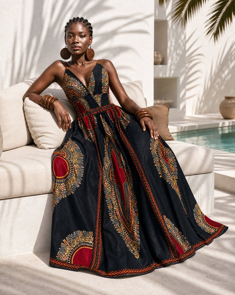 Black dashiki sleeveless maxi dress with double straps.