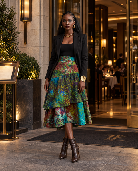 Azichi tiered skirt in a hand dyed fabric in a multicoloured palette.