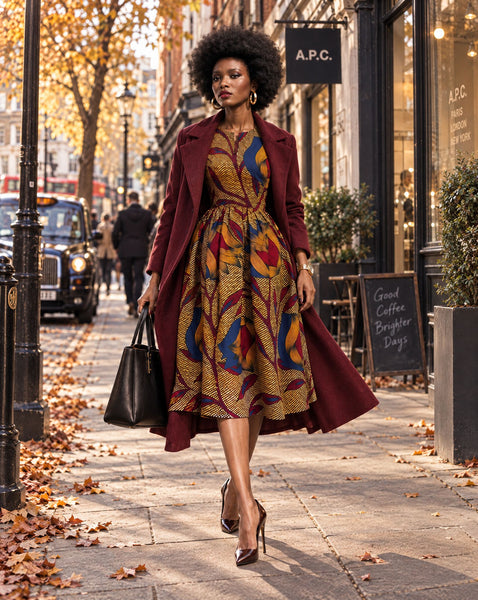 Bini full skirt dress in a leafy floral African print.