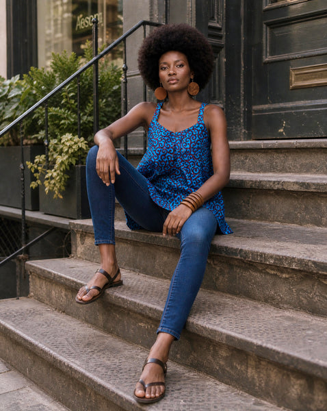 African print loose swing summer top in blue.