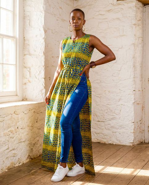 AFIA long top in a yellow African print.