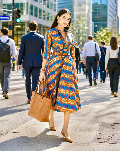 Kayla 50’s shirt style dress in a contemporary geometric African print.