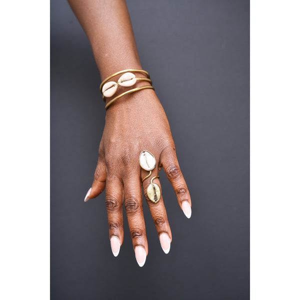 Anya brass and cowrie bracelet and ring set.