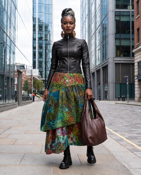 Azichi tiered skirt in a hand dyed fabric in a multicoloured palette.