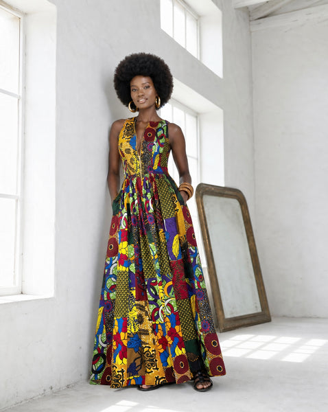 Lola African print summer sleeveless maxi dress in a vibrant mixed patchwork print.
