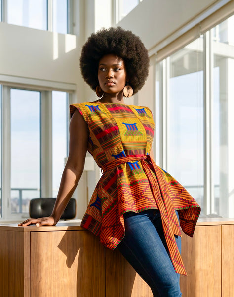 Zena Handkerchief hem peplum top in a vibrant contemporary kente print.