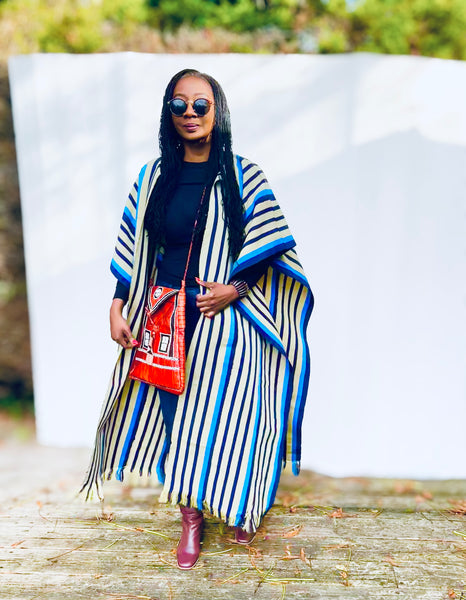 Yelawa handwoven unisex kimono in blue and beige stripes.