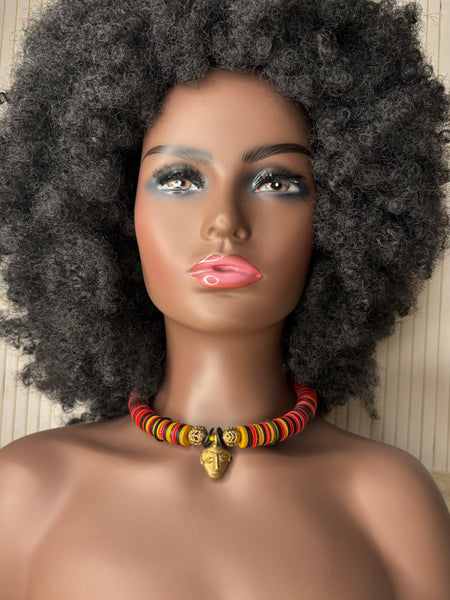 Yuya multicoloured choker with an African bronze mask pendant.