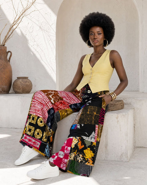 New. Ndini Wide leg one of a kind patchwork African print trousers.