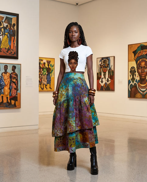 Azichi tiered skirt in a hand dyed fabric in a multicoloured palette.