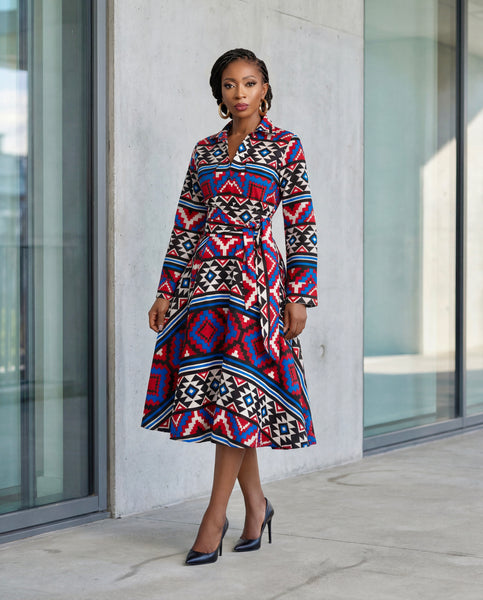 LARI full skirt shirt dress in a geometric print.