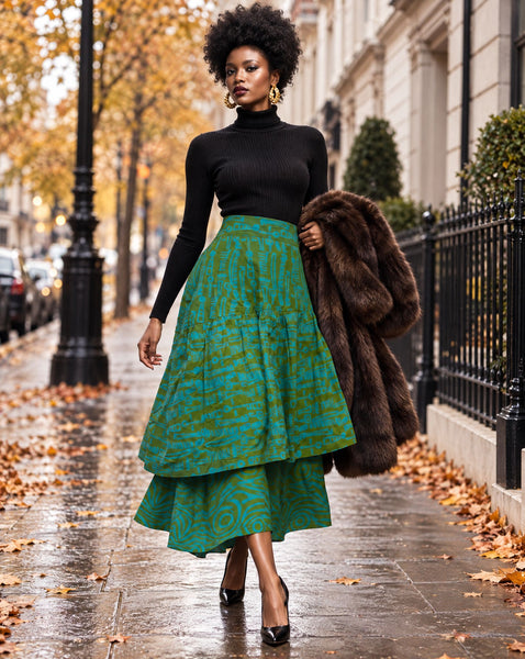 Azichi tiered skirt in green in a hand dyed fabric.