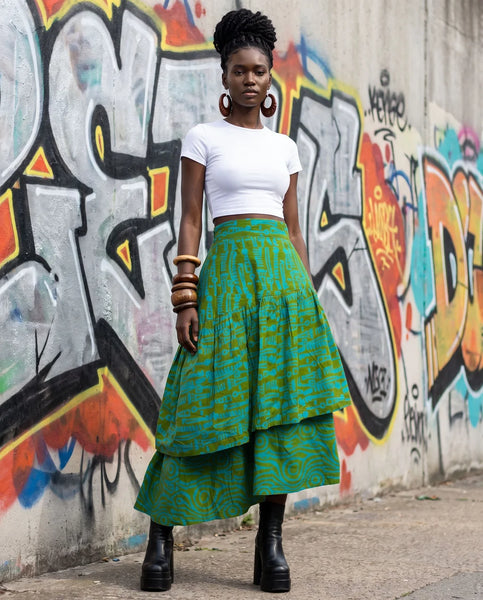 Azichi tiered skirt in green in a hand dyed fabric.