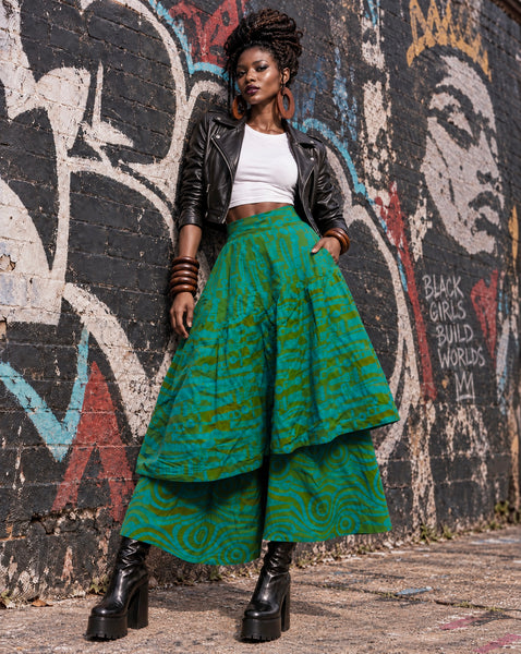 Azichi tiered skirt in green in a hand dyed fabric.