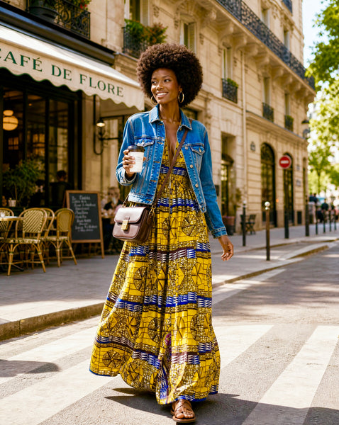 Lola African print smocked sleeveless maxi dress in a vibrant geometric print.