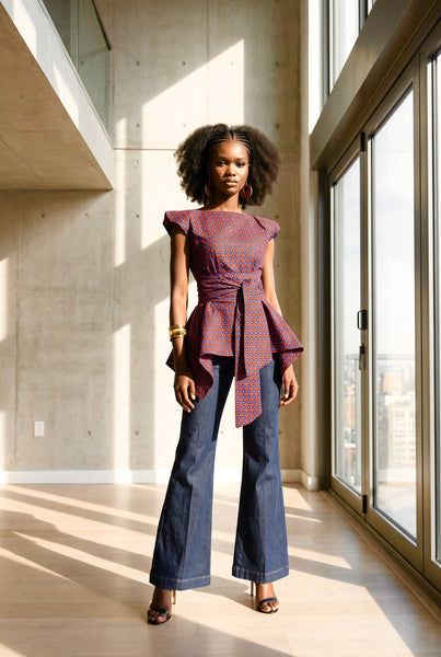 Zena Handkerchief hem peplum top in a vibrant contemporary geometric African print.