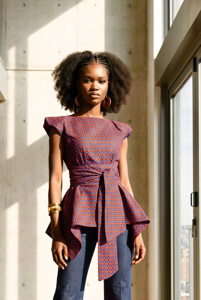 Zena Handkerchief hem peplum top in a vibrant contemporary geometric African print.