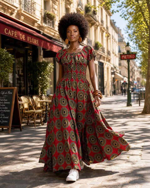 Afro Bohemian peasant inspired African print maxi dress.