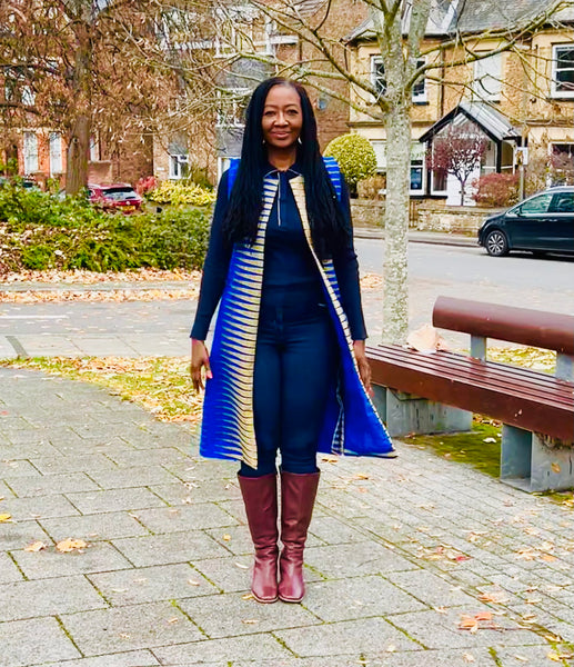 Nura longline waistcoat in A geometric African print.