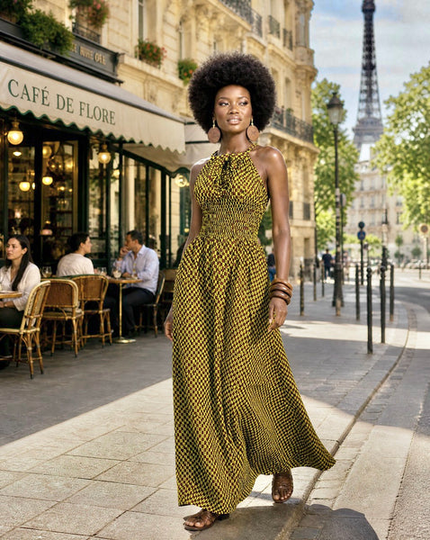 Ameena halter neck maxi dress in a geometric print.