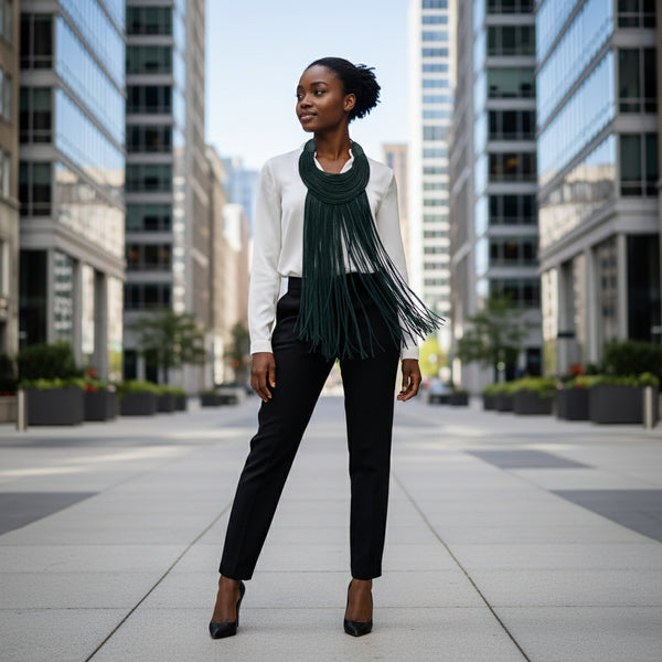 Dark green statement leather necklace.